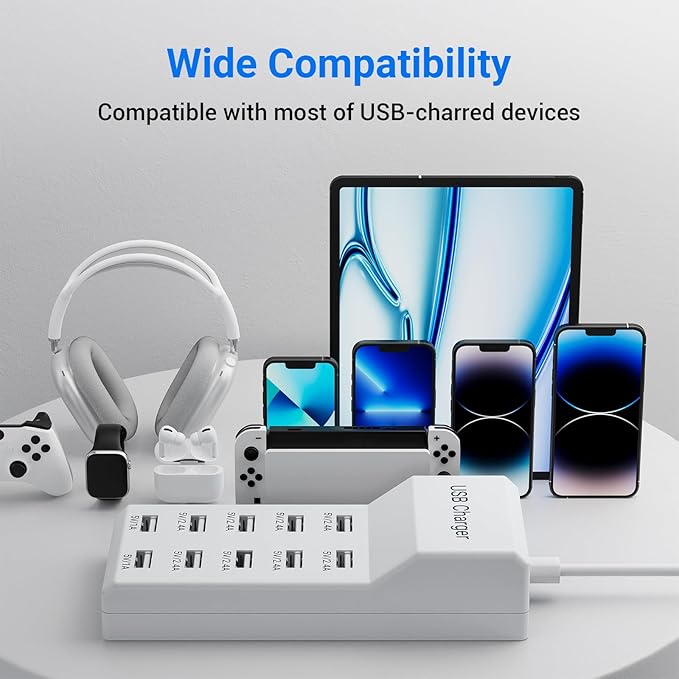 10-Port USB Charger Station, 50W10A Multiport Charger Hub for iPhone, Galaxy, iPad & More