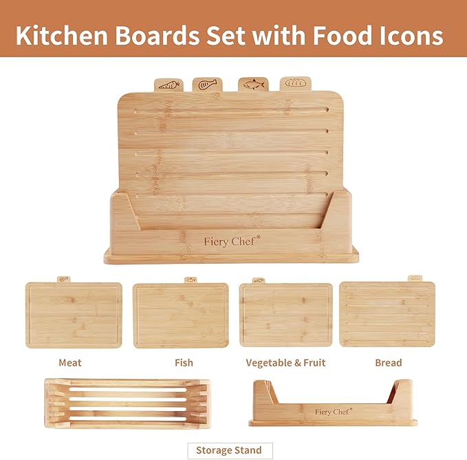 14.56"L x 11"W Bamboo Cutting Board Set of 4 - Wood Cutting Board Set with Holder, Chopping Boards Set with Food Icons, Juice Groove - Ideal for Meat, Fish, Bread, Vegetable, Fruit Chopping