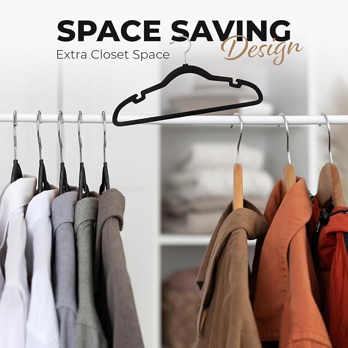 100 Pack Velvet Hanger for Shirt Pants Dresses Skirts Suits Jackets - Slim Space Saving Design - Standard Coat Hanger - Sturdy & Durable Design with Shoulder Grooves Hook - Black