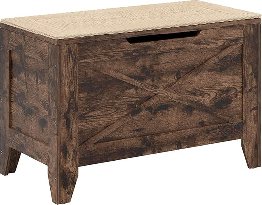 VECELO 30" Storage Chest with Lift Top Storage, Farmhouse Style Ottoman with Handwoven Wicker Cushion, Safety Hinges, Ideal for Entryway, Bedroom, Living Room, Walnut Brown