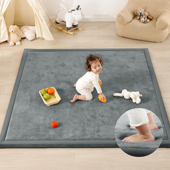 1.3" Thick Baby Play Mat for Floor Playpen, 50x50 Foam Tummy Time Mat, Padded Support Soft Plush Nursery Rug for Infant Kids Toddler Crawling Kick Activity (Dark Grey)