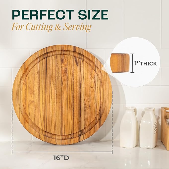 Yes4All Round Teak Cutting Boards for Kitchen, [16"D x 1"Thick] Edge Grain Cutting Board, Teak Wood Serving Board, Food Safe Surface for Slicing and Serving,Wood Charcuterie Board with Build In Handle