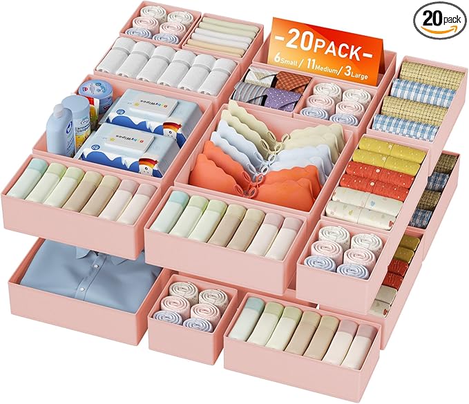 DIMJ Drawer Organizer Clothes - 20 Pack Closet Drawer Organizer Bins for Baby Clothes Storage, Fabric Dresser Organizer for Nursery Bedroom, Foldable Small Drawer Dividers for Underwear Socks