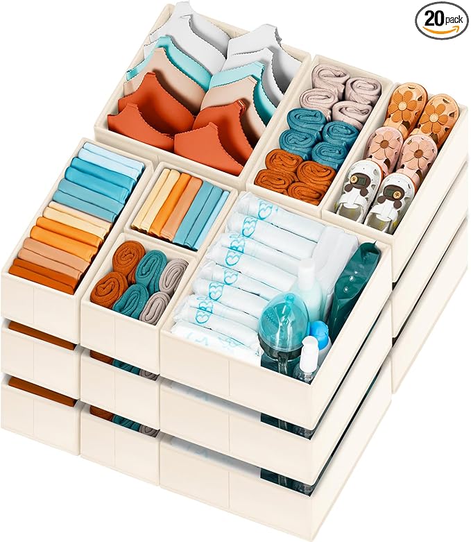 【FAMILY PACK】Drawer Organizer Clothes, 20 Pack Dresser Organizer Bins for Baby Clothes - Underwear Bra Sock Organizer - Fabric Closet Organization and Storage Dividers for Nursery Bedroom Dorm