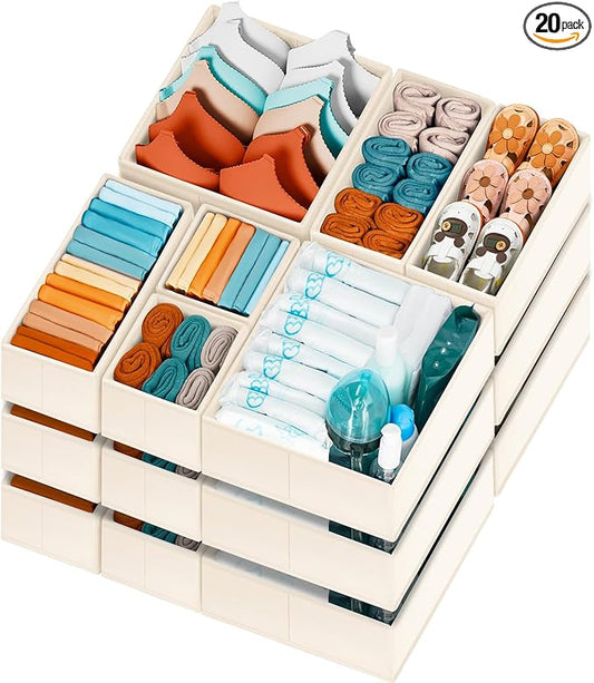 【FAMILY PACK】Drawer Organizer Clothes, 20 Pack Dresser Organizer Bins for Baby Clothes - Underwear Bra Sock Organizer - Fabric Closet Organization and Storage Dividers for Nursery Bedroom Dorm