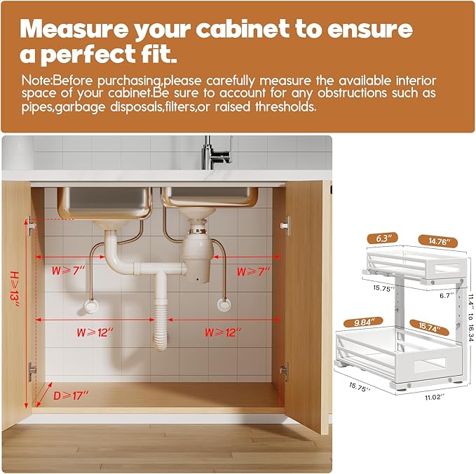 1-Pack Under Sink Organizers and Storage,2-Tier L Shape Pull Out Cabinet Organizer With Round Tube Slide Rails,Hight Adjustable Slide Out Drawers for Kitchen&Bathroom,Multi-Purpose Storage Shelf-White