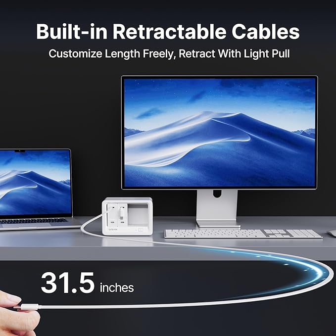 10-in-1 Desktop Charging Station with 2 Retractable Wall Chargers, 40W USB-C Power Strip with 6 AC, 2 USB C, 2 Type-C 31.5in Cables, Extension Cord with 1020J Surge Protection for Home Office