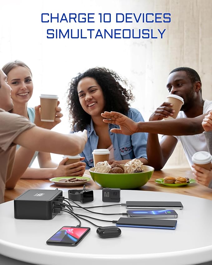 10-Ports USB C Charging Station, 120W Travel USB Power Strip with EU European Plug and US Plug, Multiport Charging Hub for iPhone 15/14/13/12, iPad Air/Pro, Galaxy -Black