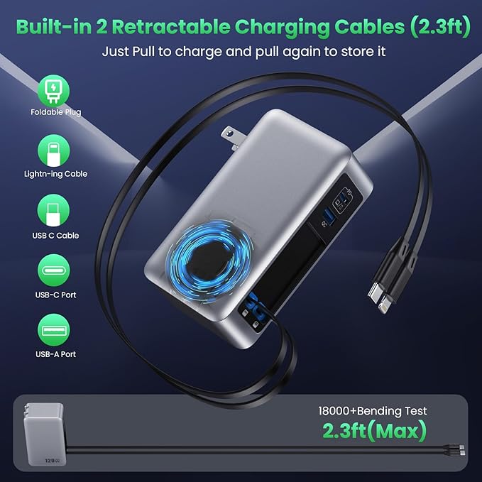 120W USB C Charger Block with 2 Built-in Retractable Cables,4-in-1 GaN IV Foldable Plug Wall Charger Fast Charging Station,PD 65W Laptop Adapter for Macbook/iPad,iPhone 16/15/14,Galaxy S24,Android etc