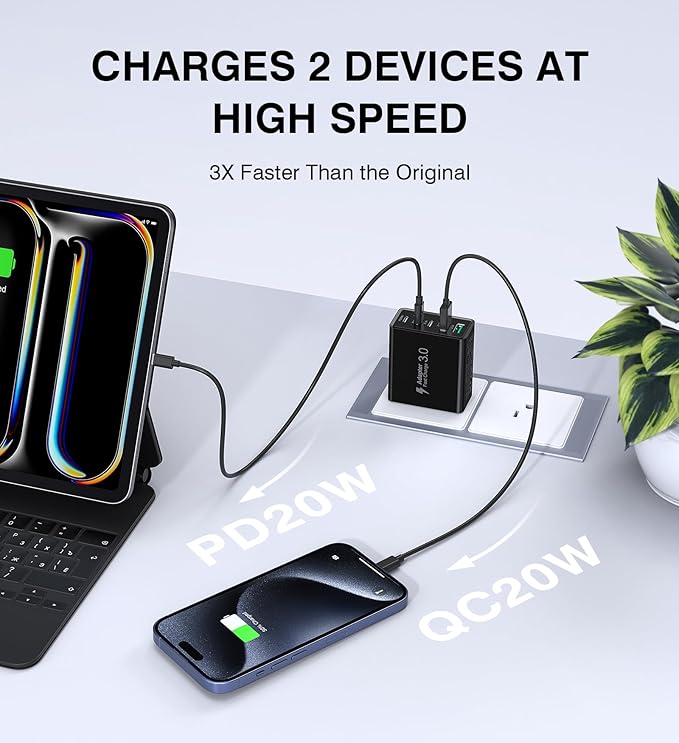 [2-Pack] USB C Wall Charger, 60W Type C Charger Block 5-Port Fast Charging Blocks,3USB C+2USB A Multiport Plug,PD Power Adapter Brick Cube for iPhone 16/15/14/13/12/Pro,iPad,Samsung,for Switch（Black）