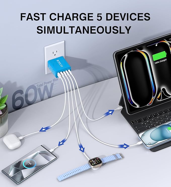 [60W/2Pack] Wall Charger, USB C Charger Block, 5-Port PD + QC 3.0 Fast Charging Power Plug Adapter Brick for Watch Series 10 9 8 7, for iPhone 16 15 14 13 Pro Max Airpod, Samsung Galaxy S24(Blue)