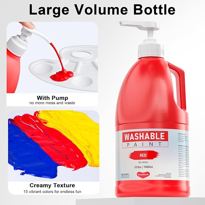 15 Colors Large Washable Paint Set (33.8oz/ 1000ml), Bulk Painting Supplies Non Toxic Tempera Paint for Kids Toddlers, Poster & Finger Paint for Art DIY Craft Classroom School Home-with Pump