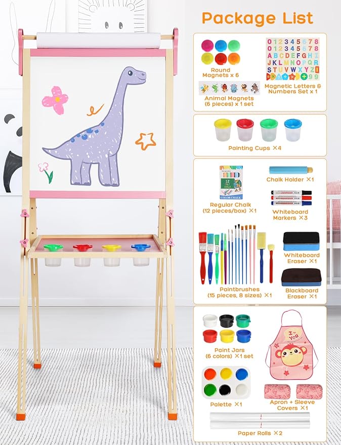YOHOOLYO Kids Easel Wooden Children Art Easel Paper Roll,Double Sided Magnetic Whiteboard Chalkboard Dry Eraser Adjustable Height for Boys Girls Gifts