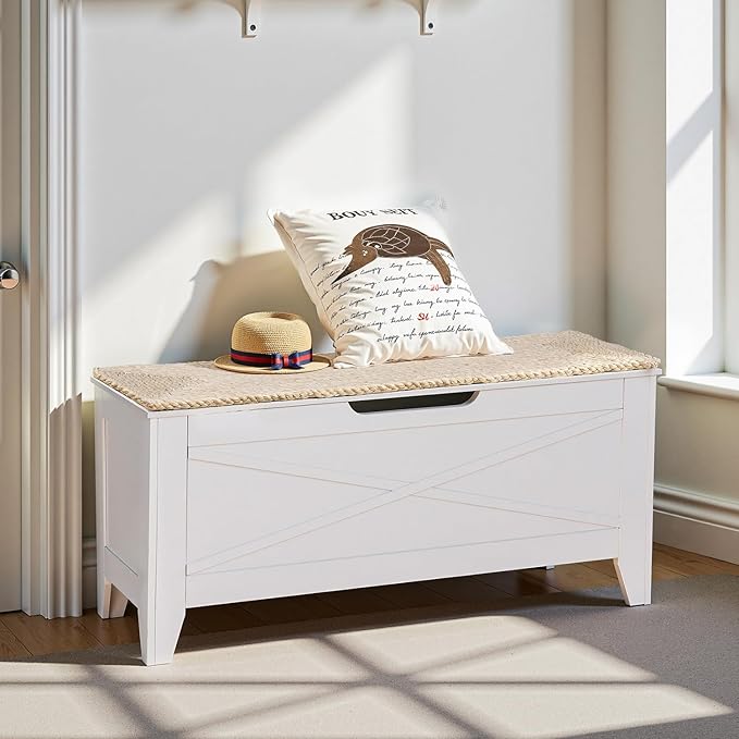 VECELO 43.3" Storage Chest with Lift Top Storage, Farmhouse Style Ottoman with Handwoven Wicker Cushion, Safety Hinges, Ideal for Entryway, Bedroom, Living Room, Ivory White