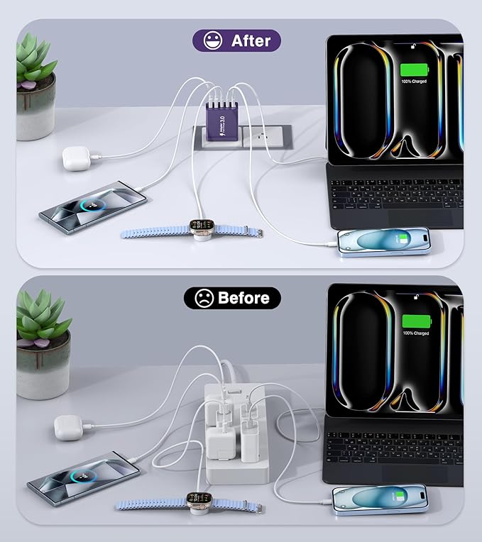 [2Pack] 60W USB C Plug,5-Port Fast Charger Block PD+QC Cube Wall Charging Box Brick for iPhone 16/15/14/13 for Samsung Galaxy S24/S23/S22/S21+/S21 Ultra, Magsafe Wireless Charger,(Purple)