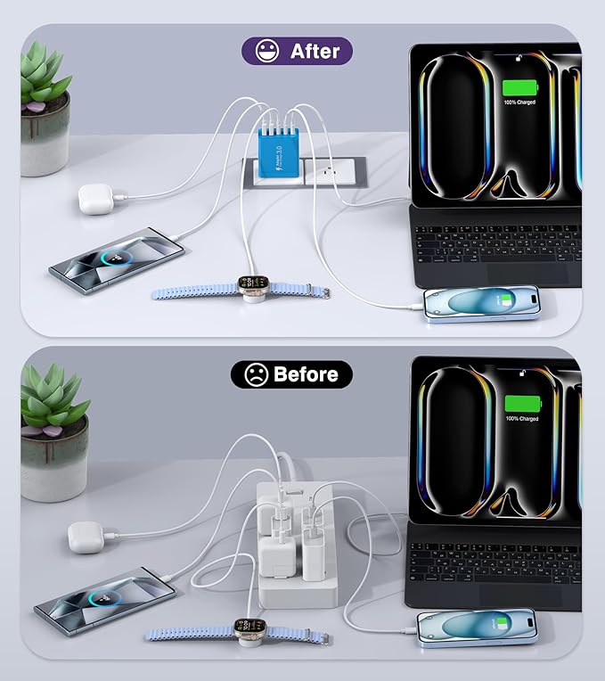 [60W/2Pack] Wall Charger, USB C Charger Block, 5-Port PD + QC 3.0 Fast Charging Power Plug Adapter Brick for Watch Series 10 9 8 7, for iPhone 16 15 14 13 Pro Max Airpod, Samsung Galaxy S24(Blue)