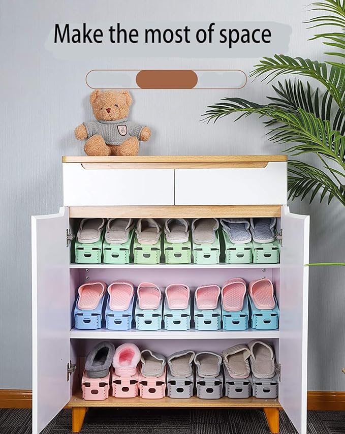 12 Pack Shoe Slots Organizer, Adjustable Double Layer Shoe Stack Sandals Rack, 50% Space-Saving Storage Shoe Stacker Holder for Closet Organization