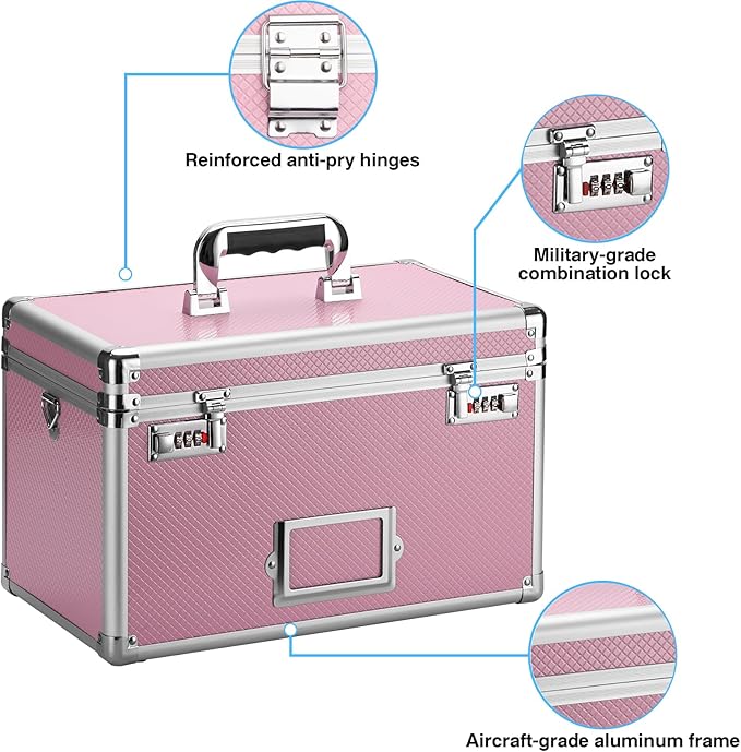 13.4 x 8 x 8.7 Inch Lockable Storage Box with Combination Lock, Portable Safe for Documents, Medicine, Cash & Valuables, Medicine Lock Box with Label Slot for Home, Office & Travel - Pink