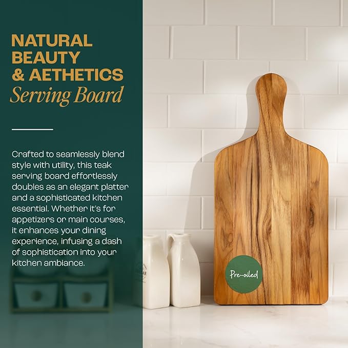 Yes4All Teak Cutting Boards for Kitchen, [20''Lx10''Wx0.75”] Ergonomic Handle Serving Board, Pre-Oiled Teak Wood Charcuterie Board, Multipurpose use for Slicing and Serving Wood Cutting Boards
