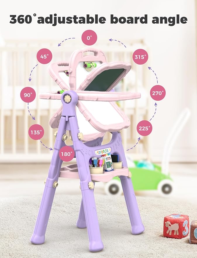 YOHOOLYO Kids Easel Standing Art Easel for Kids, Double Sided Children Pink Purple Easel Magnetic Chalkboard Whiteboard Dry Eraser Board Great Gift for Girls