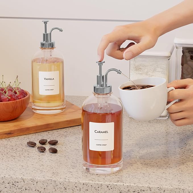 16.9 oz/500 ml Coffee Syrup Dispenser Set - 4 Glass Bottles with Silver Pumper and Syrup Labels - Precise Dispensing and Stylish Addition to Coffee Shop, Cafe or Home Bar