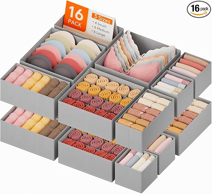 Lifewit Underwear Drawer Organizer for Closet 16 Pack, 3 Sizes Dresser Organizer Dividers, Deep Fabric Foldable Drawer Storage Organizer Bins for Clothes, Sock, Bra, Lingerie, Undies