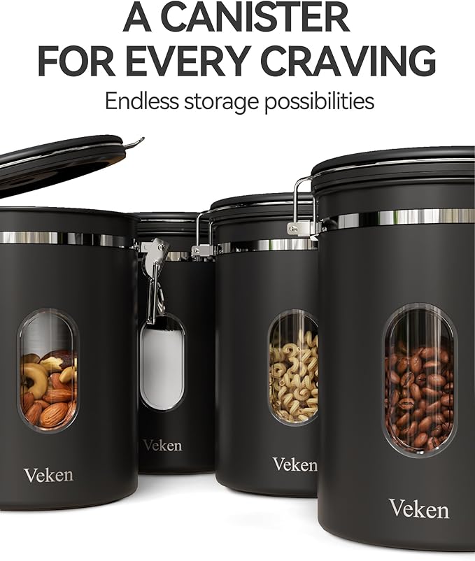 Veken Large Coffee Canister with Window, Rice Kitchen Food Storage Airtight Stainless Steel Container with Lids, Date Tracker and Scoop, Grounds, Beans, Tea, Flour, Cereal, Sugar Jars, 38oz, Black