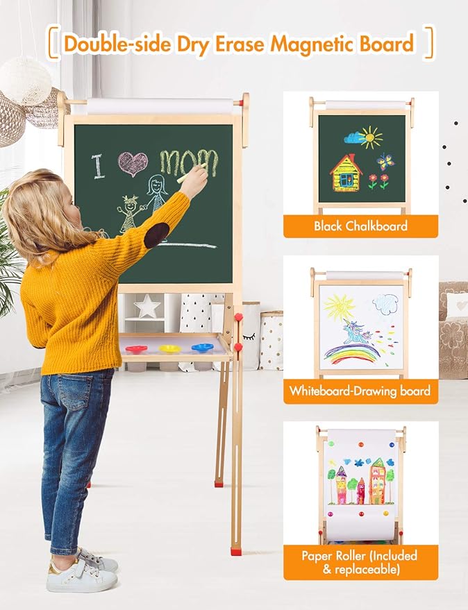 YOHOOLYO Kids Easel Wooden Children Art Easel Paper Roll,Double Sided Magnetic Whiteboard Chalkboard Dry Eraser Adjustable Height for Boys Girls Gifts