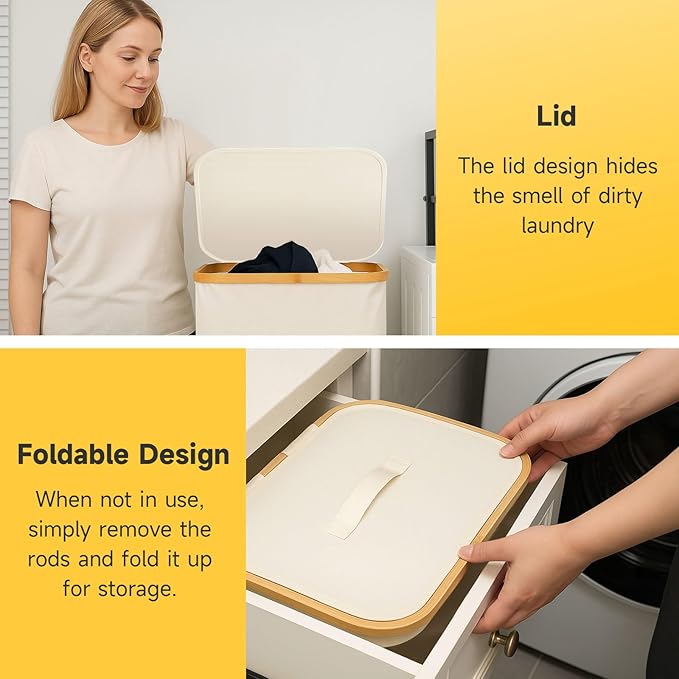 100L/26 Gallon Extra Large Foldable Laundry Hamper with Lid - Dirty Clothing Hamper & Collapsible Basket, Portable Clothes Organizer for Home, Travel, Bathroom & Laundry Room, Beige