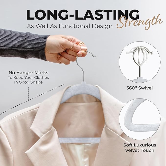 100 Pack Velvet Hanger for Shirt Pants Dresses Skirts Suits Jackets - Slim Space Saving Design - Standard Coat Hanger - Sturdy & Durable Design with Shoulder Grooves Hook - Ivory