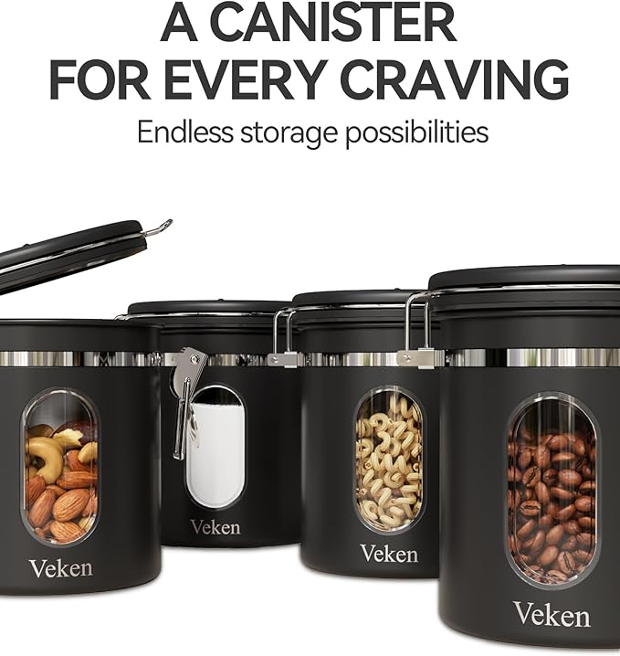Veken Coffee Canister with Window, Airtight Stainless Steel Kitchen Food Storage Container with Lids, Date Tracker and Scoop for Grounds Coffee, Beans, Tea, Flour, Cereal, Sugar Jars, 16OZ, Black