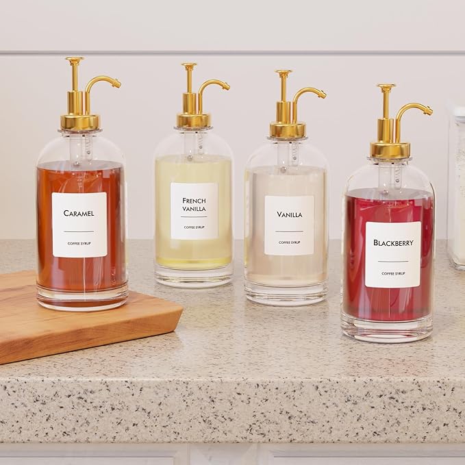 16.9 oz (500 ml) Coffee Syrup Dispenser Set- 4 Glass Bottles with Gold Pumper and Syrup Labels - Precise Dispensing and Stylish Addition to Coffee Shop, Cafe or Home Bar