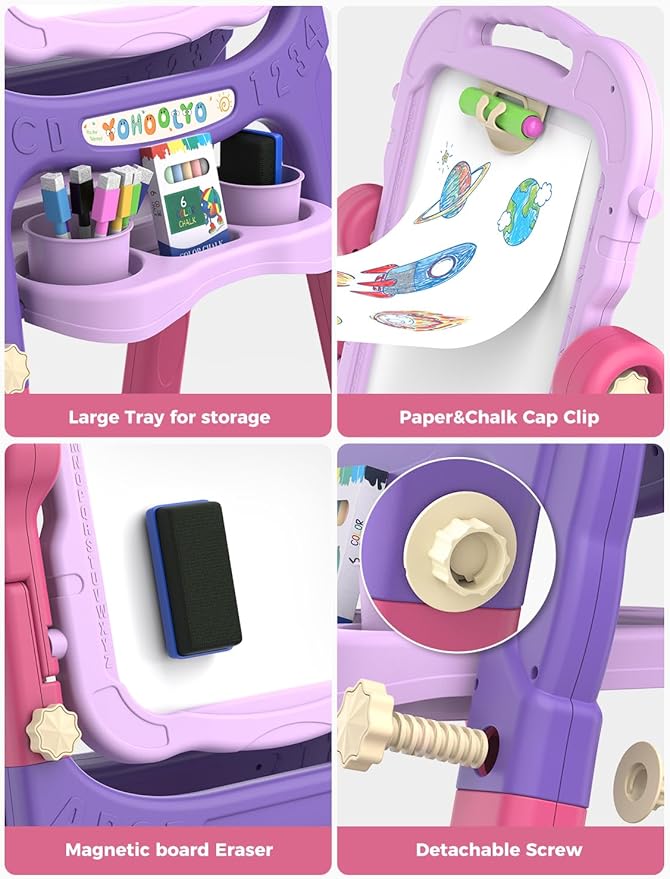 YOHOOLYO Kids Easel Standing Art Easel for Kids, Double Sided Children Pink Purple Easel Magnetic Chalkboard Whiteboard Dry Eraser Board Great Gift for Girls