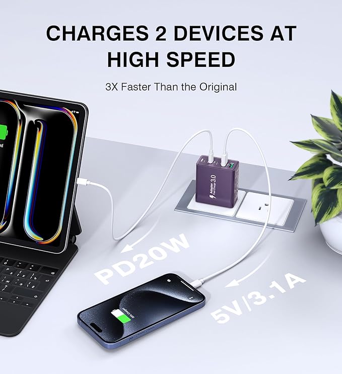 [2Pack] 60W USB C Plug,5-Port Fast Charger Block PD+QC Cube Wall Charging Box Brick for iPhone 16/15/14/13 for Samsung Galaxy S24/S23/S22/S21+/S21 Ultra, Magsafe Wireless Charger,(Purple)