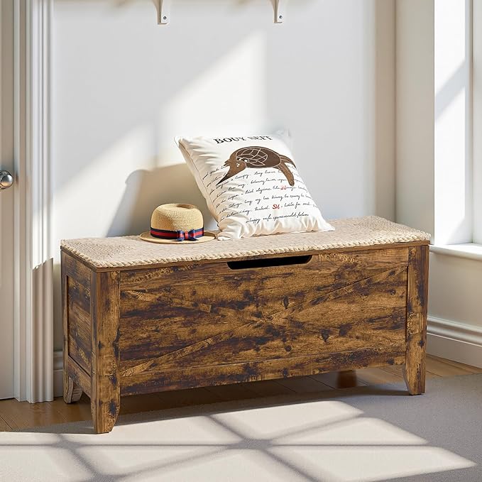 VECELO 43.3" Storage Chest with Lift Top Storage, Farmhouse Style Ottoman with Handwoven Wicker Cushion, Safety Hinges, Ideal for Entryway, Bedroom, Living Room, Walnut Brown