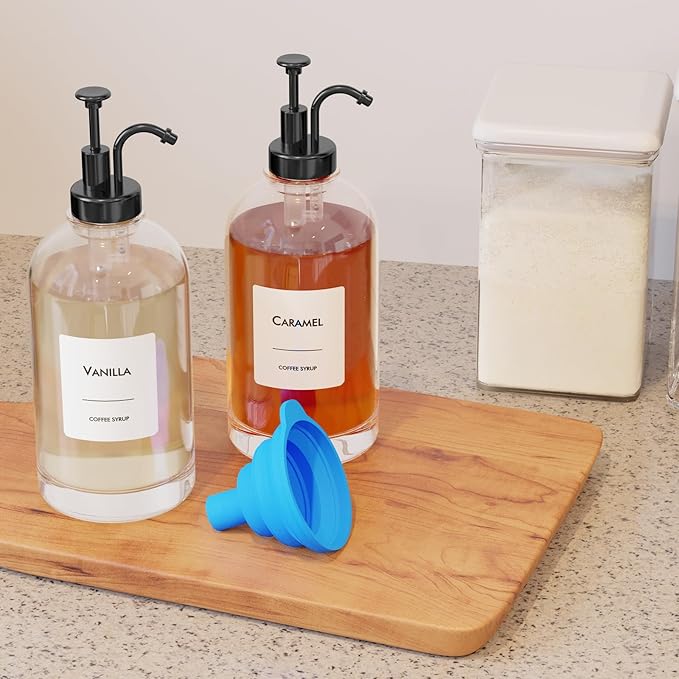 16.9 oz/500 ml Coffee Syrup Dispenser Set - 4 Glass Bottles with Black Pumper and Syrup Labels - Precise Dispensing and Stylish Addition to Coffee Shop, Cafe or Home Bar