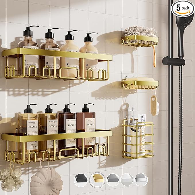 Veken Adhesive Shower Caddy 5-Pack,Heavy Weight Bearing,Large Wall Mounted Shower Shelves Rack,Organizer Storage Accessories with Soap Dish&Toothbrush Holder,Ideal for Bathroom,Home&Kitchen,Gold