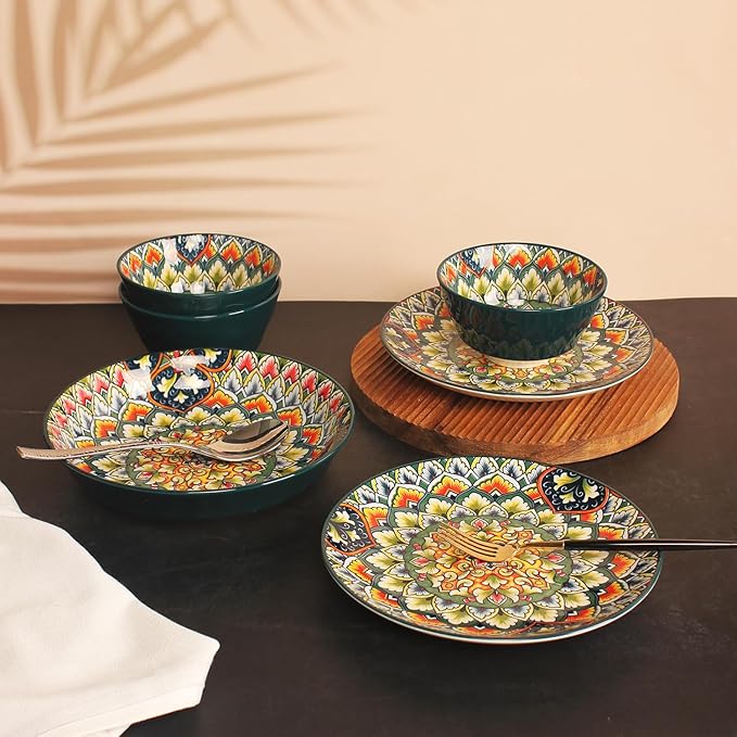 YA JU Mandala Dinnerware Sets (12 Pcs) Serves 4, Buffet Dinnerware, Boho Plates and Bowls Dish Set with 8" salad Plate 8" Dessert Plate 4.8" bowl, apply Casual dining Indoor Outdoor Dining Party