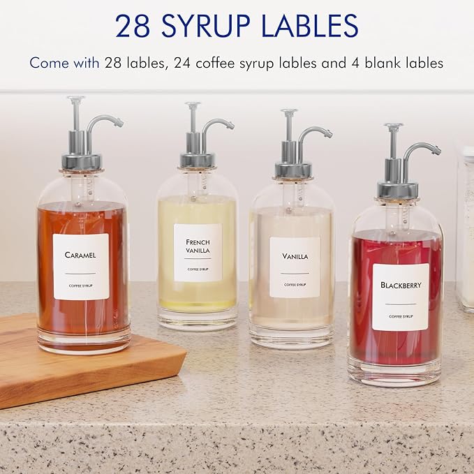 16.9 oz/500 ml Coffee Syrup Dispenser Set - 6 Glass Bottles with Silver Pumper and Syrup Labels - Precise Dispensing and Stylish Addition to Coffee Shop, Cafe or Home Bar
