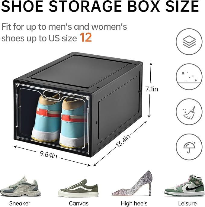 12 Pack Large Shoe Storage Box, Clear Shoe Storage Organizer with Magnetic Door, Stackable,Shoe Containers For Display Sneakers, Easy Assembly, Fit up to US Size 12, Black