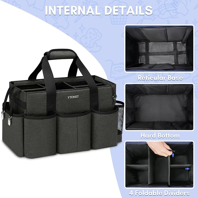 Ytonet Extra Large Cleaning Caddy Bag with 4 Foldable Dividers, Wearable Cleaning Caddy Organizer with Handle & Shoulder Strap & Waist Strap, Housekeeping Tote for Cleaners, Black Grey