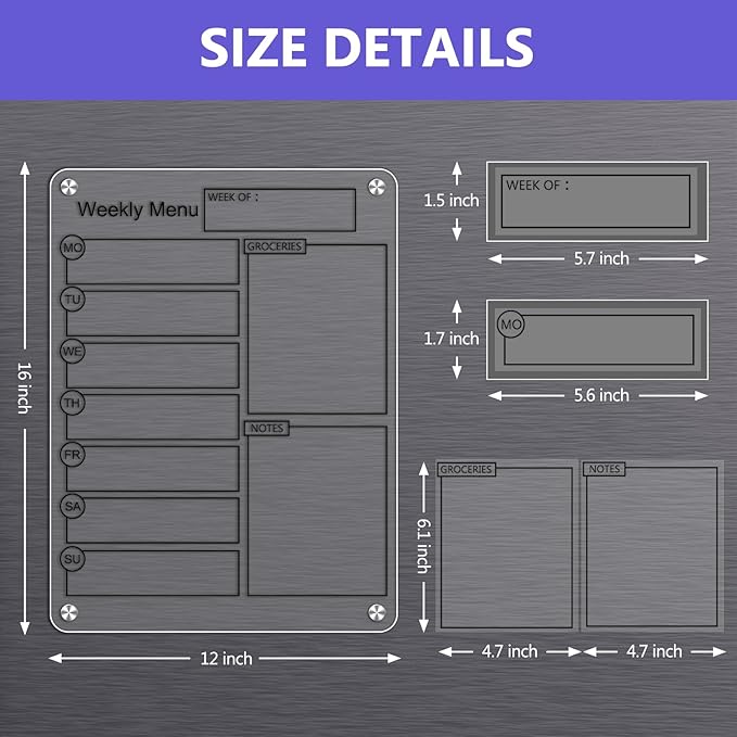 16''x12'' Acrylic Meal Planner Magnetic Menu Board for Kitchen Fridge, Clear Weekly Calendar Planning Board Noteboard Dry Erase Board to Do/Grocery/Shopping List/Chore Chart Includes 6 Markers