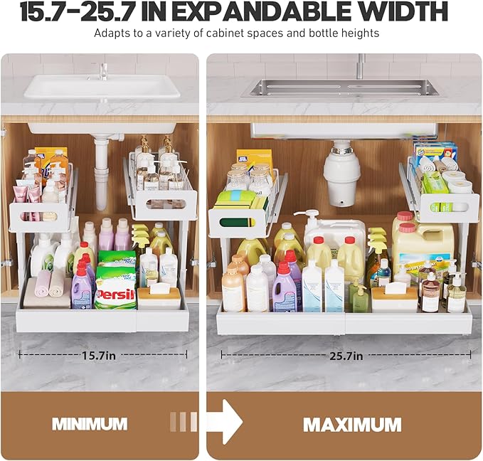 1 Pack-15.7"-25.7"W Expandable Under Sink Organizer With Upgrade Ball-Bearing Slide,2-Tier Pull Out Under Cabinet Organizer Height Adjustable,Not Suitable For Cabinets With Partitions In The Middle