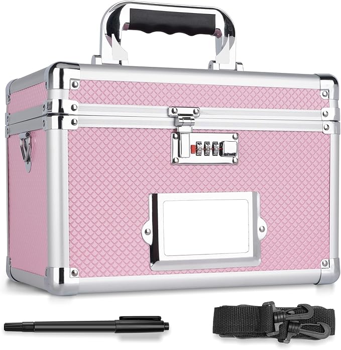 11 x 7 x 8.3 Inch Lockable Storage Box with Combination Lock, Portable Safe for Documents, Medicine, Cash & Valuables, Medicine Lock Box with Label Slot for Home, Office & Travel - Pink