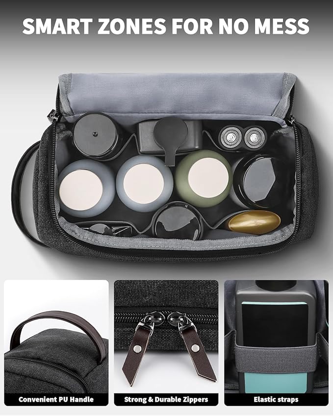 ZOMFELT Toiletry Bag for Men, Dual Layers Canvas Travel Toiletries Bag, Water-Resistant Travel Organizer with Elastic, Large Capacity Dopp Kit, Hanging Shaving Hygiene Bag, Black