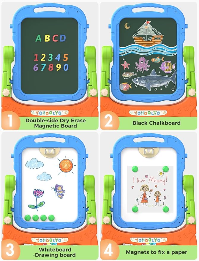 YOHOOLYO Kids Easel Standing Art Easel for Kids, Double Sided Children Pink Purple Easel Magnetic Chalkboard Whiteboard Dry Eraser Board Great Gift for Girls (Blue)