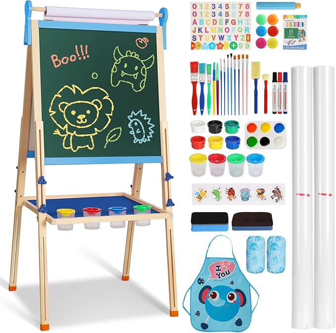 YOHOOLYO Kids Easel Wooden Children Art Easel Paper Roll,Double Sided Magnetic Whiteboard Chalkboard Dry Eraser Adjustable Height for Boys Girls Gifts