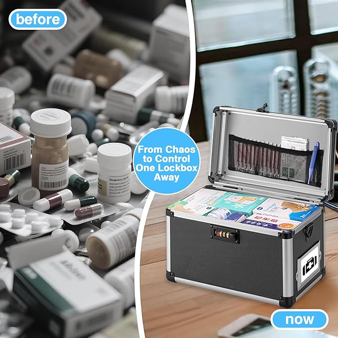 15 x 8.7 x 10 Inch Lockable Storage Box with Combination Lock, Portable Safe for Documents, Medicine, Cash & Valuables, Medicine Lock Box with Label Slot for Home, Office & Travel - Black