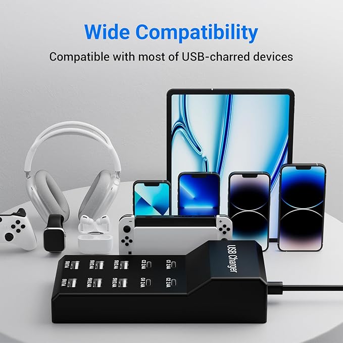 10-Port USB C Charger Block (6 USB-A Port & 4 USB-C Port), 50W10A Multiport Charger Hub for iPhone, Galaxy, iPad & More