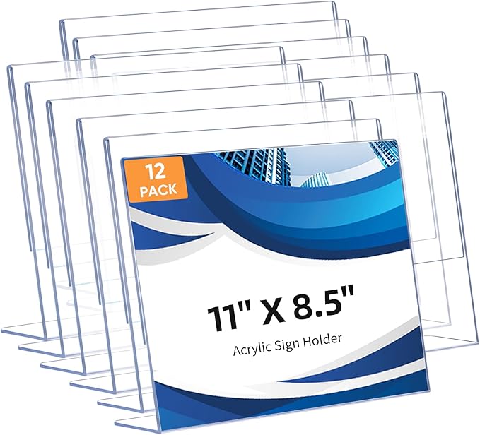 12 Pack L Shape Slanted Back 11x8.5 Plastic Sign Holders with Anti-Slip Pads, Business & Store Acrylic Tabletop Display Stand for Flyers, Menus, Documents, Price, Promotions, Wedding, Party Decoration
